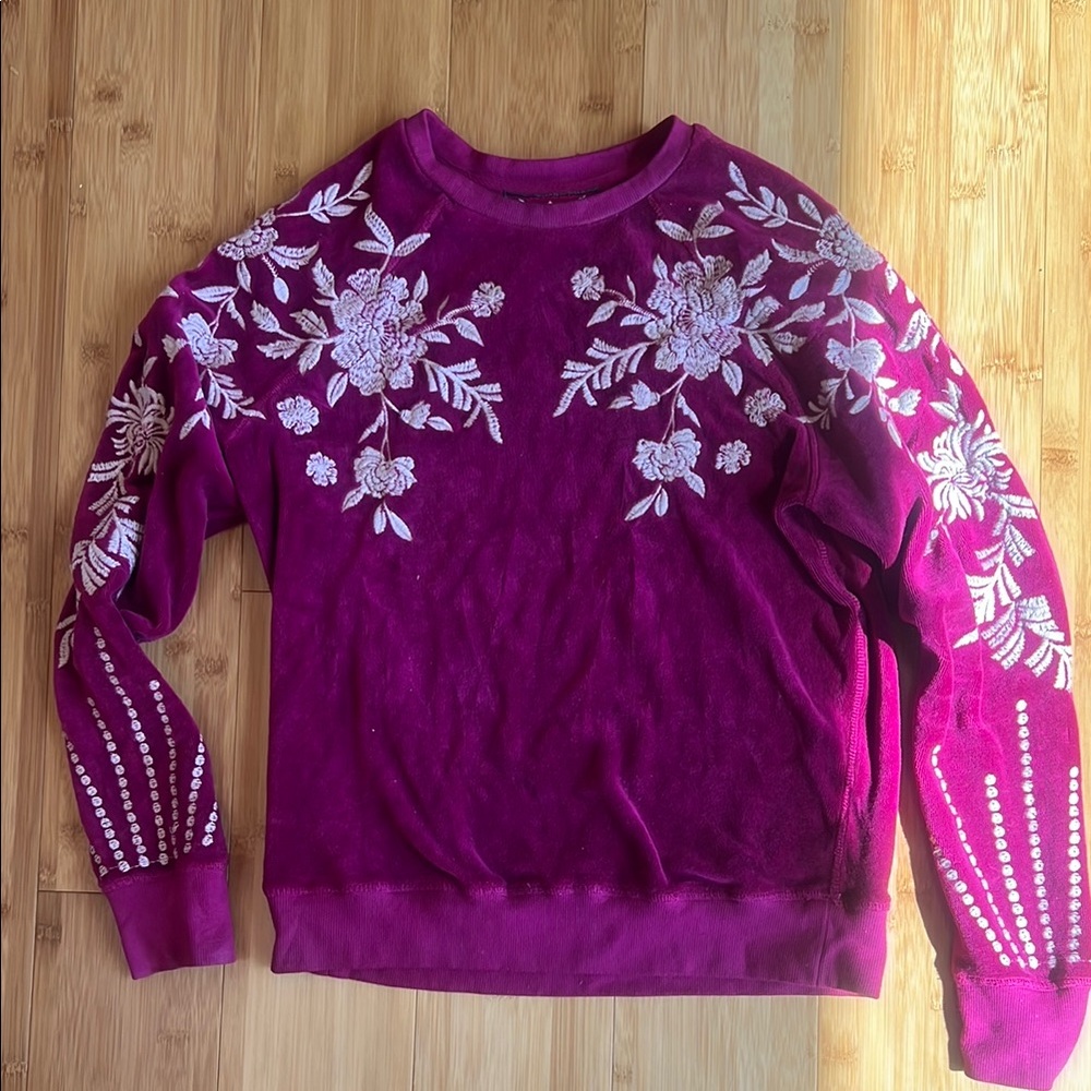 Johnny Was Purple and White Crew Neck Sweater with Floral Embroidery
